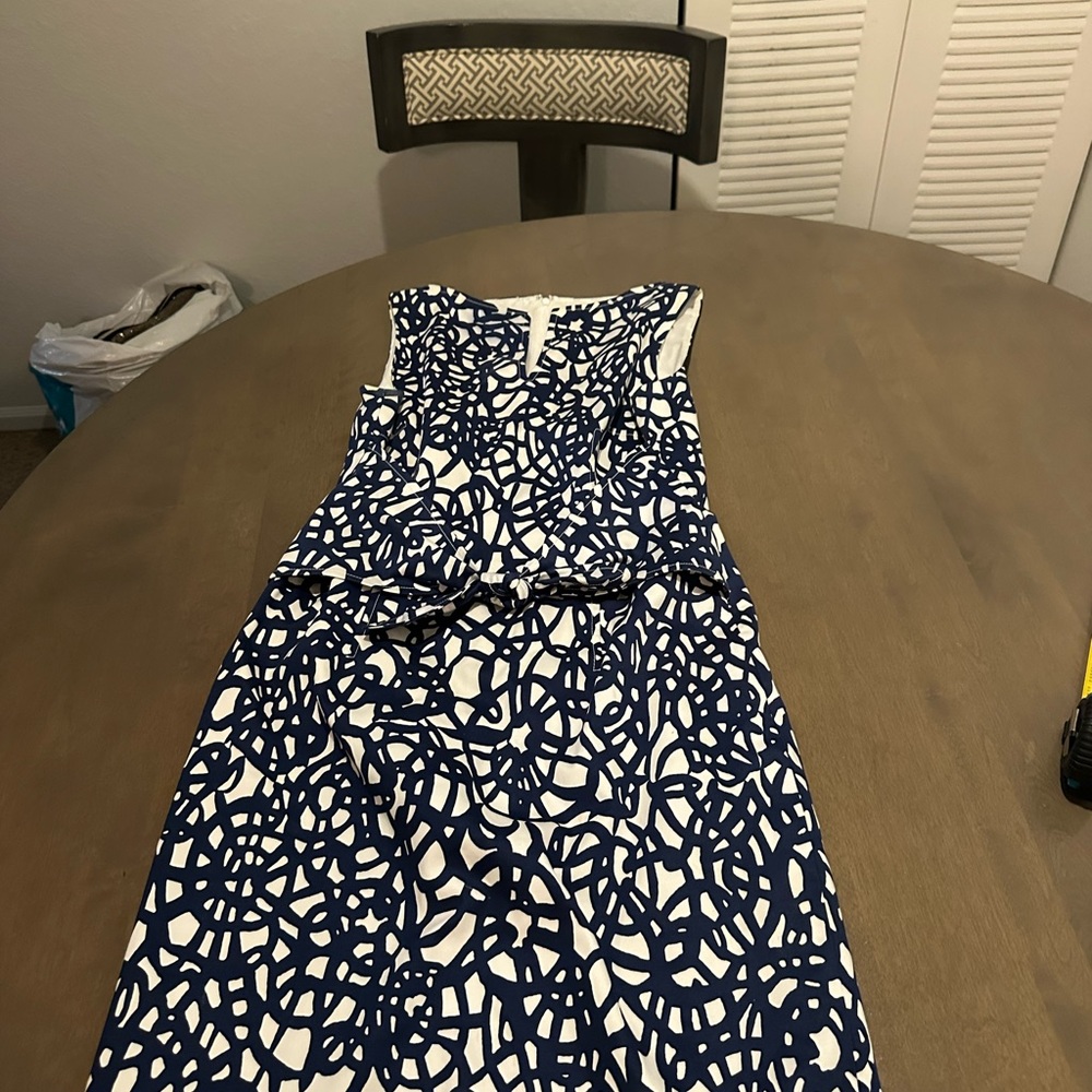 David Meister Blue and White Asymmetrical Dress